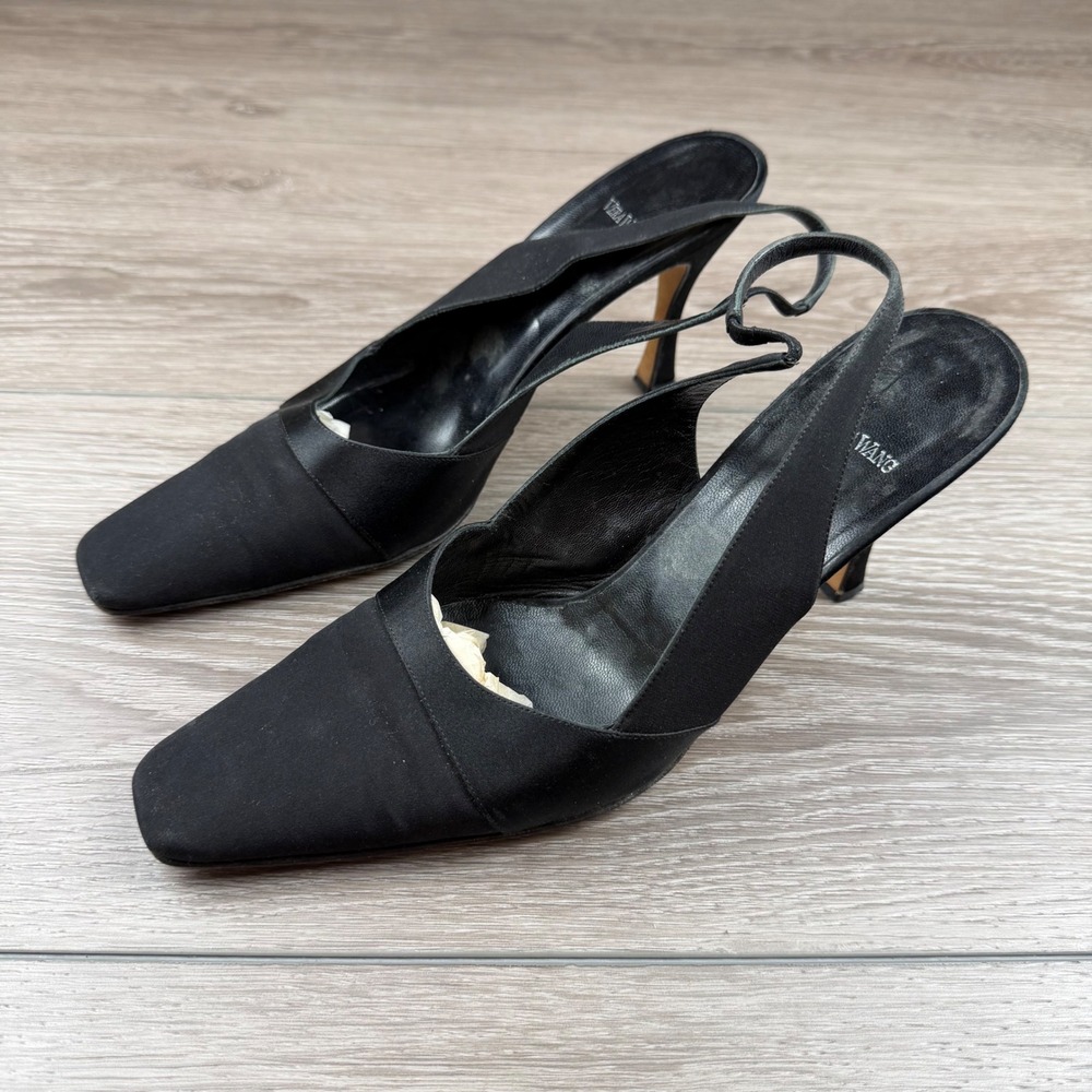 Vera Wang Womens Slingback Heels Square Toe Satin Leather Black 10.5